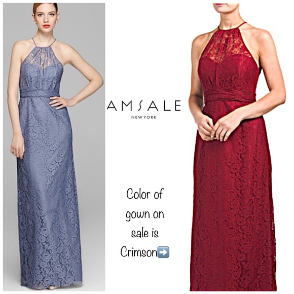 NEW Amsale Crimson Red Halter Lace Gown - Picture 2 of 8